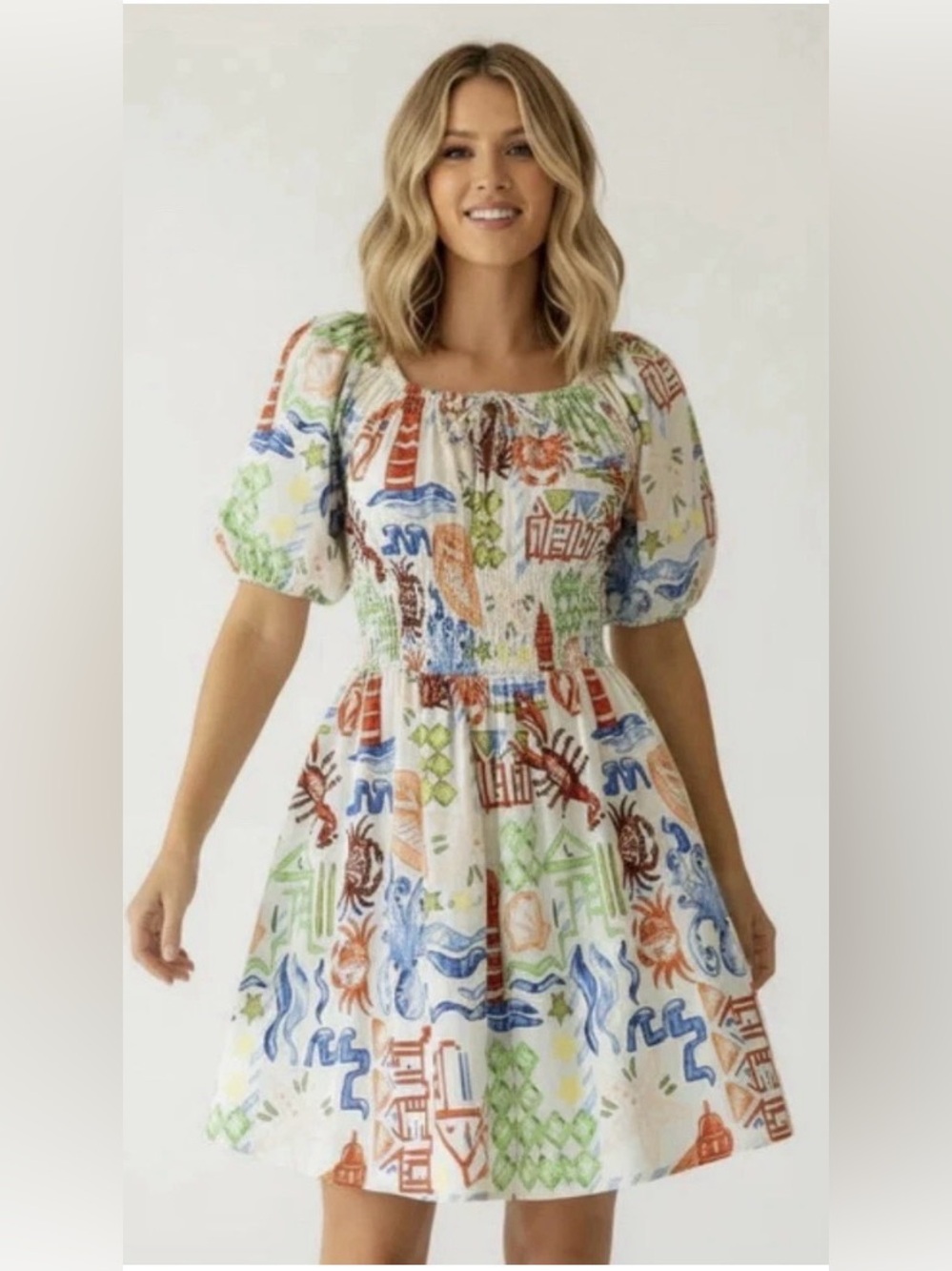 Hunter Bell Smocked Puff Sleeve Multicolor Print Dress summer marine drew 6 crab